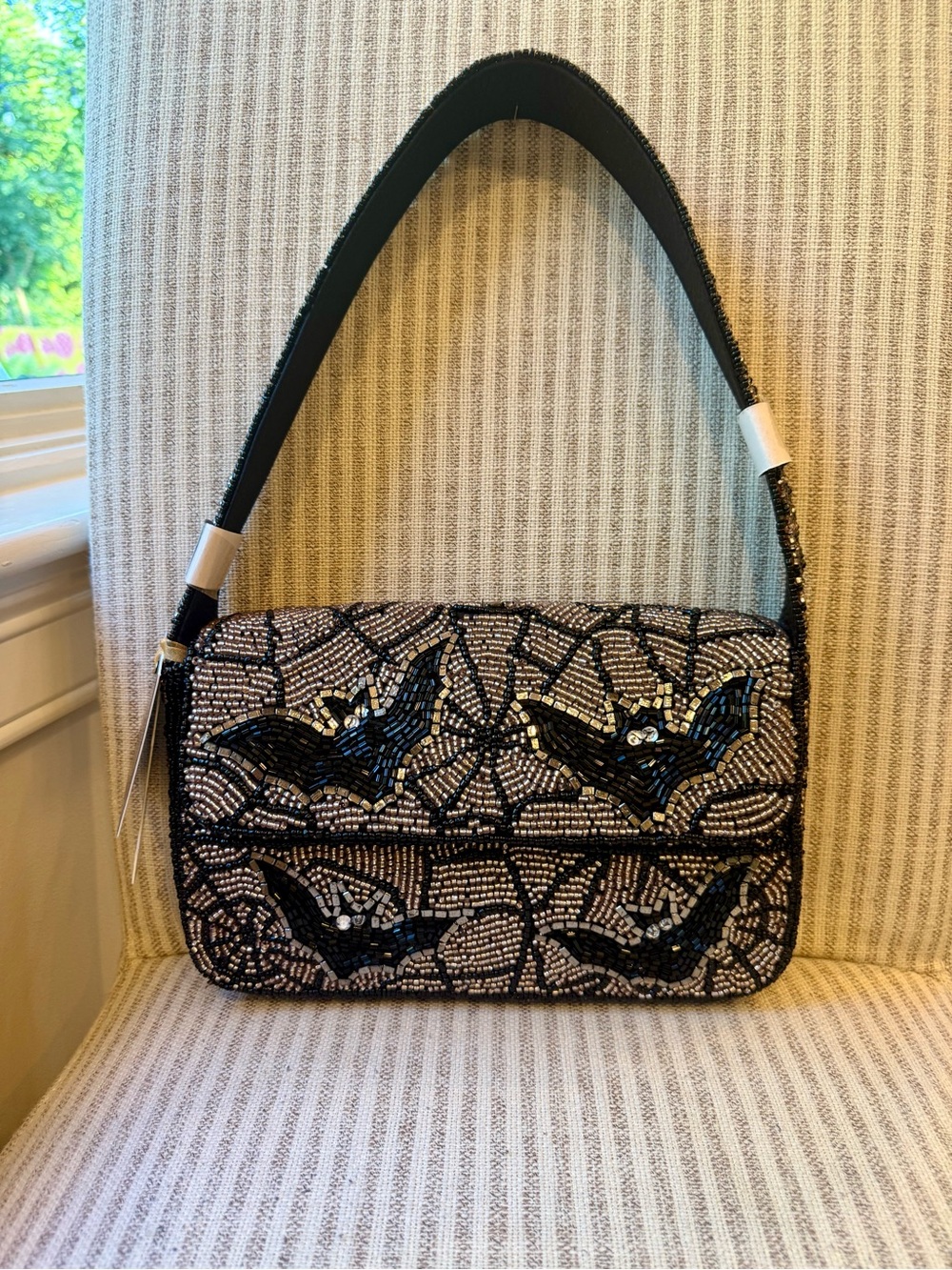 Made in India Beaded Bat Bag - Black and Silver, must have for Halloween 🦇